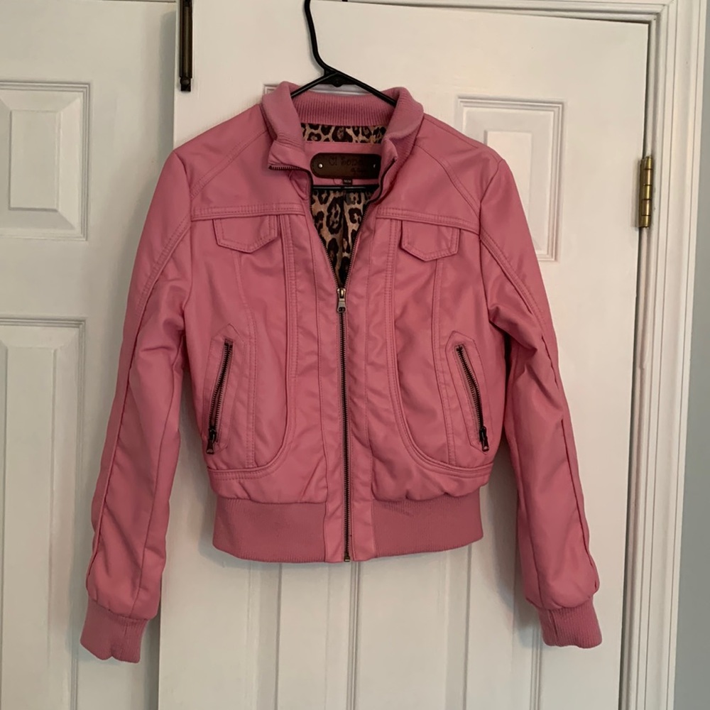 Never worn! Pink faux leather bomber jacket.